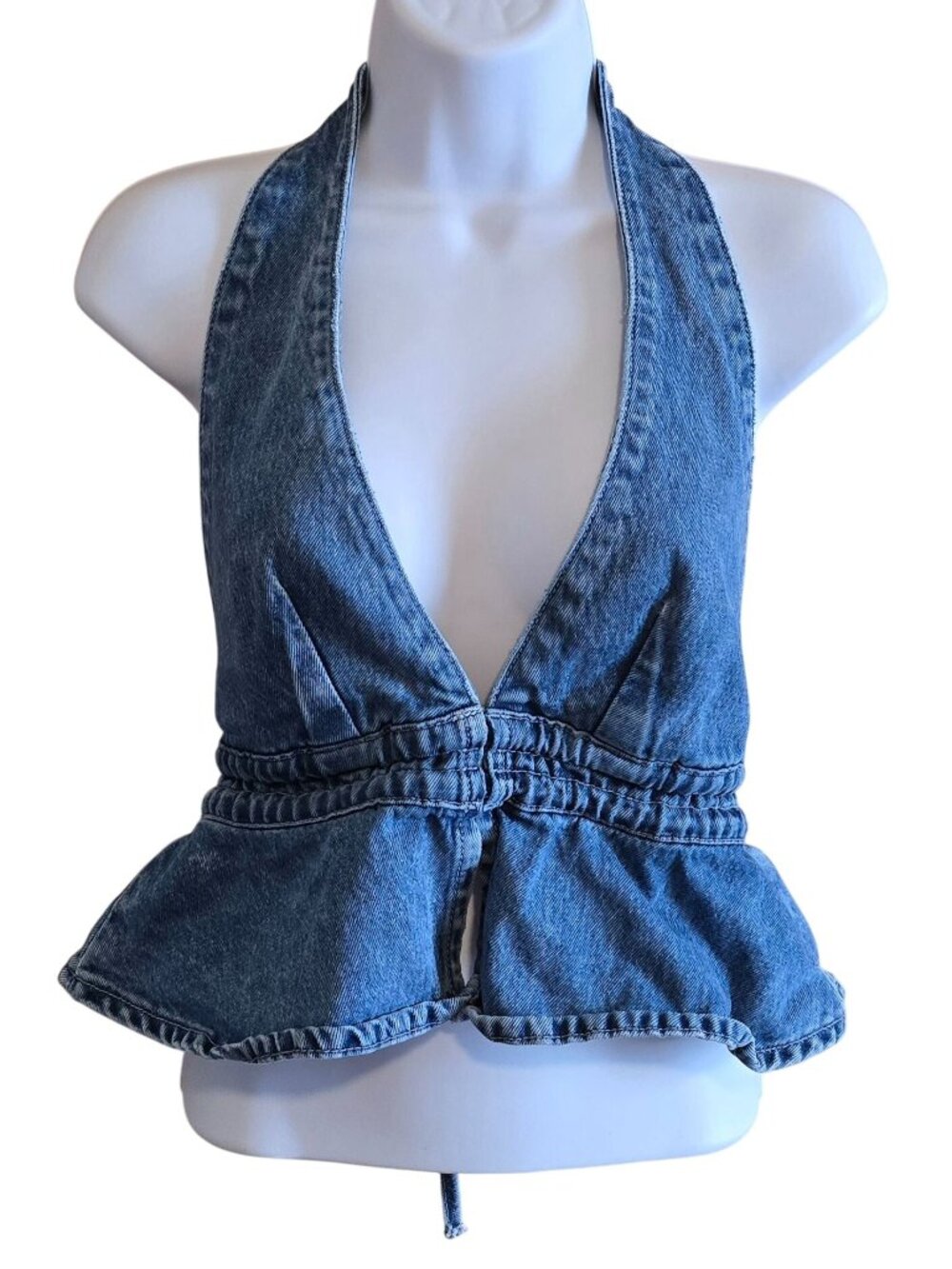 Denim Halter Top Back Tie Ruffles Organic Cotton Blend boho hippie summer
